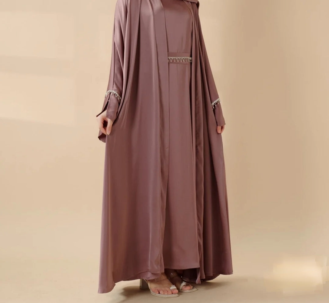 Rhinestones Satin Abaya 6 pcs Set - Berry