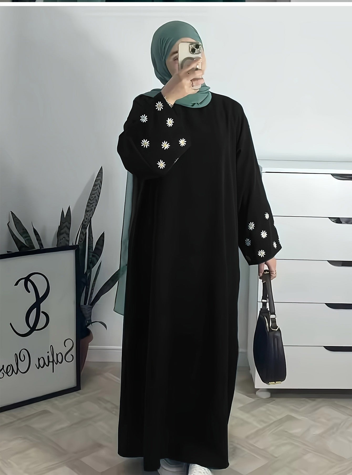 Plain Abaya wt Daisy Embroidered Sleeves - Black
