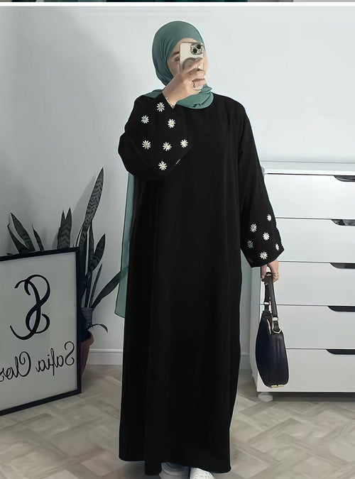 Plain Abaya wt Daisy Embroidered Sleeves - Black