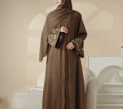Floral Embroidered Abaya 3 Piece Set - Mocha