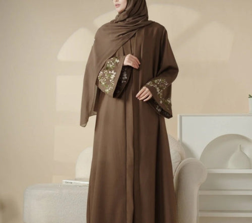 Floral Embroidered Abaya 3 Piece Set - Mocha