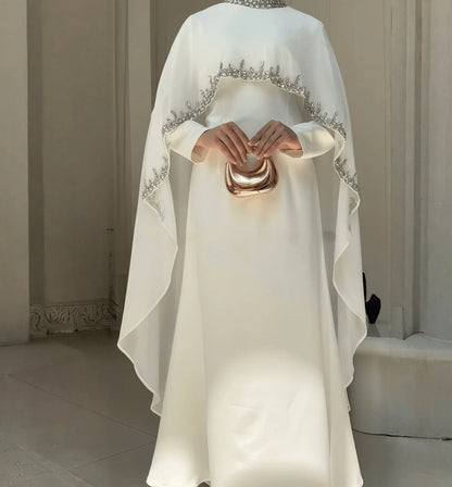 The Ethereal Cape-Overlay Abaya Set | Rhistones Heavy Decoration Abaya Set - White