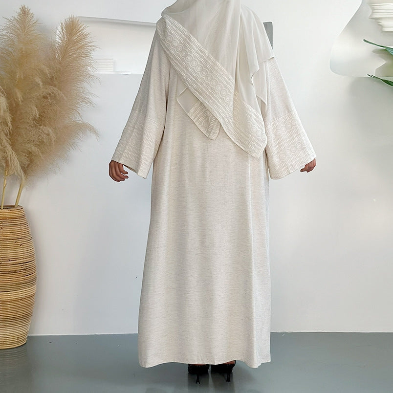 Embroidered Linen Abaya 3 Piece Set - Beige