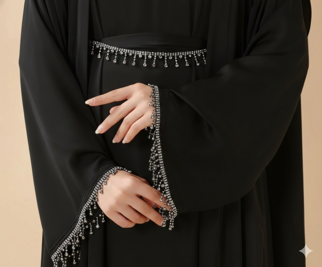 Rhinestones Satin Abaya 6 pcs Set - Black