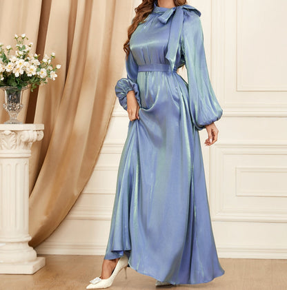 Shimmering Blue Tie-Neck Maxi Dress