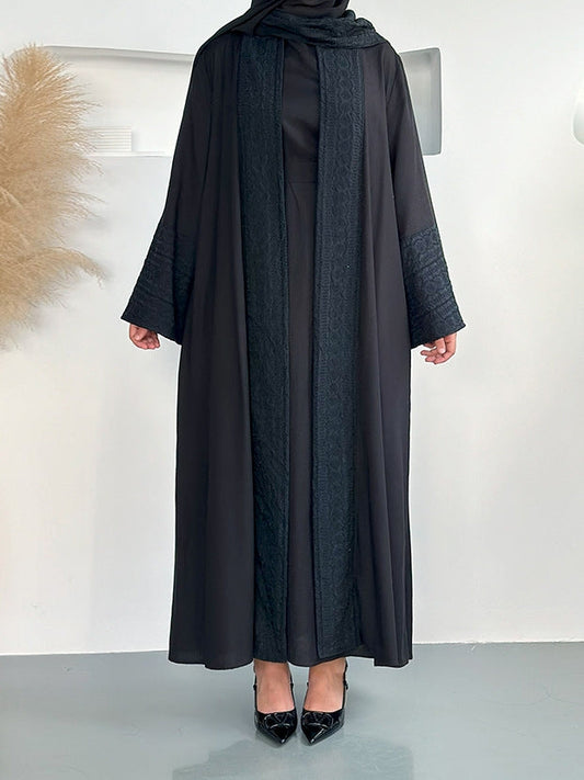 Embroidered Linen Abaya 3 Piece Set - Black