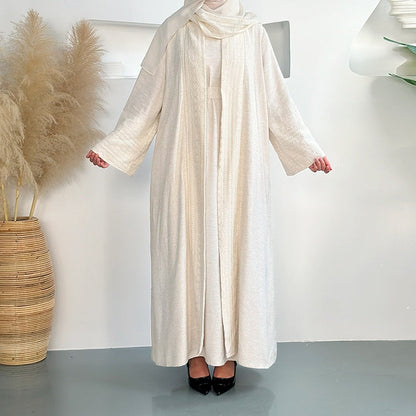 Embroidered Linen Abaya 3 Piece Set - Beige