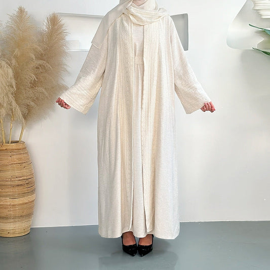 Embroidered Linen Abaya 3 Piece Set - Beige
