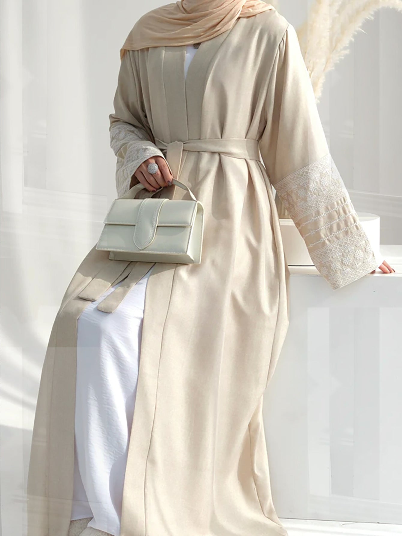 Open Abaya With Embroidered Sleeves - Beige (clearance item online only)