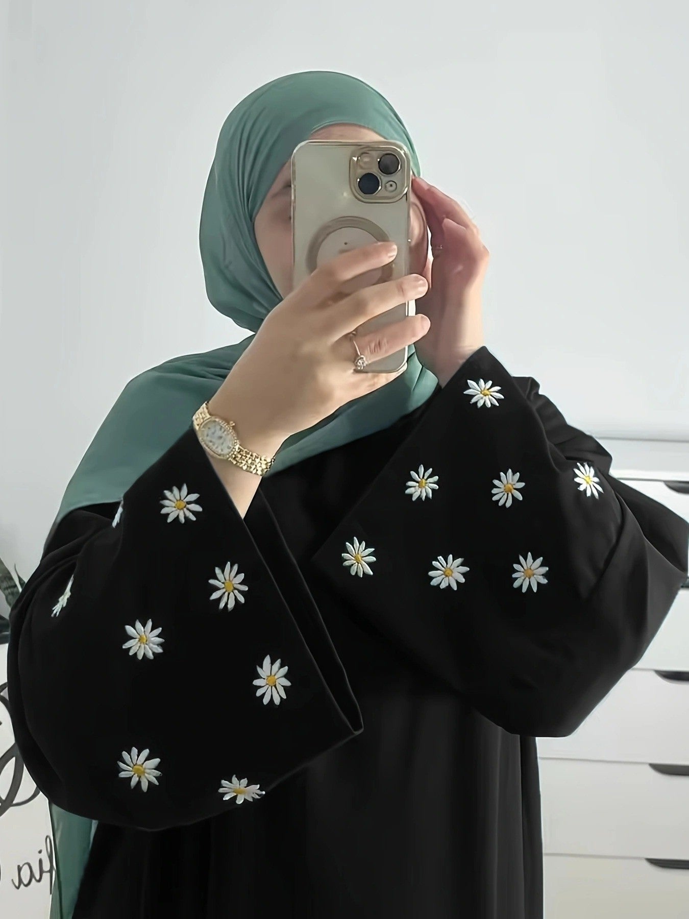 Plain Abaya wt Daisy Embroidered Sleeves - Black