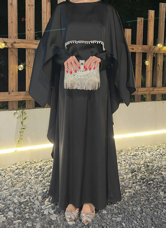 Eid Dress Elegant Satin Cape Abaya | Modest Eid Dress with Pearl & Rhinestone in Black (clearance online only)