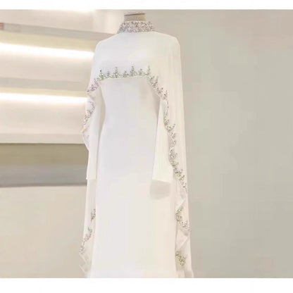 The Ethereal Cape-Overlay Abaya Set | Rhistones Heavy Decoration Abaya Set - White