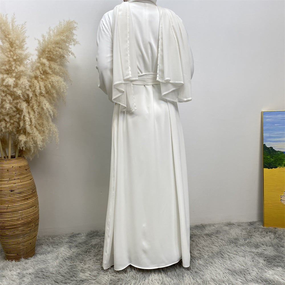 Plain Open Abaya with Matching Belt - White
