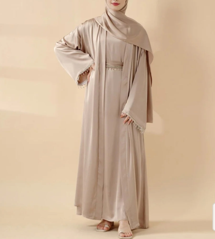 Rhinestones Satin Abaya 6 pcs Set - Golden Beige