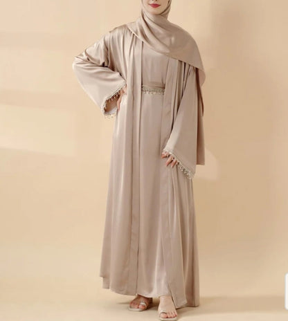 Rhinestones Satin Abaya 6 pcs Set - Golden Beige