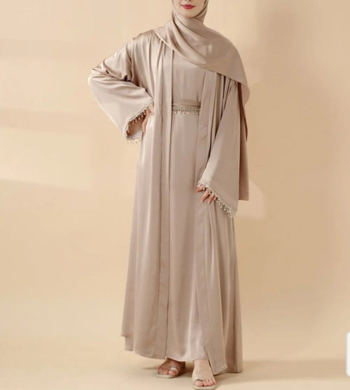 Rhinestones Satin Abaya 6 pcs Set - Golden Beige