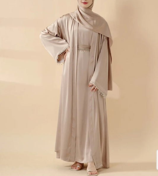 Rhinestones Satin Abaya 6 pcs Set - Golden Beige