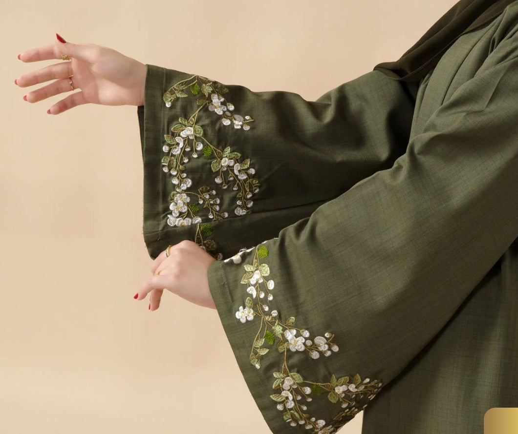 Floral Embroidered Abaya 3 Piece Set - Olive Green