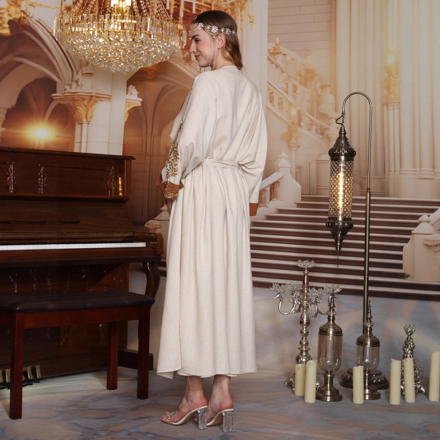 Rhinestones Embroidered Abaya Set - Canyon Clay & Cream