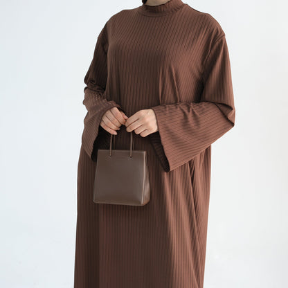 Ribbed Knit Jersey Long Sleeve Abaya – Coffee Brown