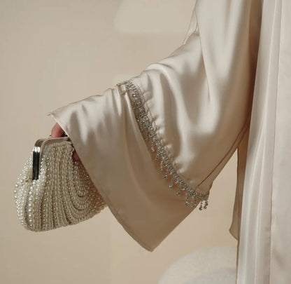 Rhinestones Satin Abaya 6 pcs Set - Golden Beige