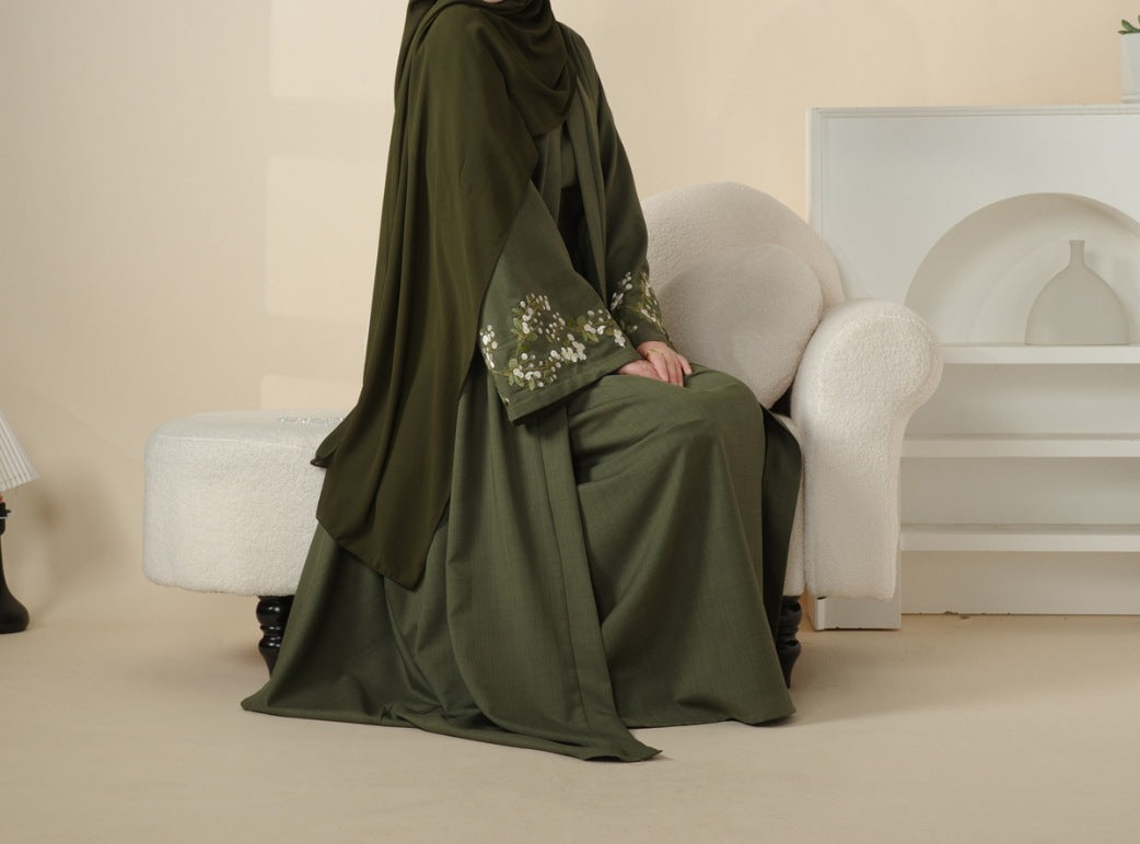 Floral Embroidered Abaya 3 Piece Set - Olive Green