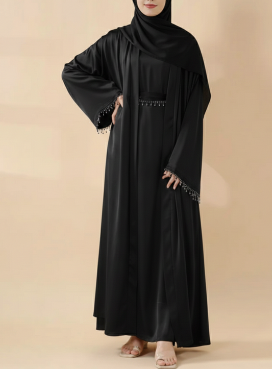 Rhinestones Satin Abaya 6 pcs Set - Black