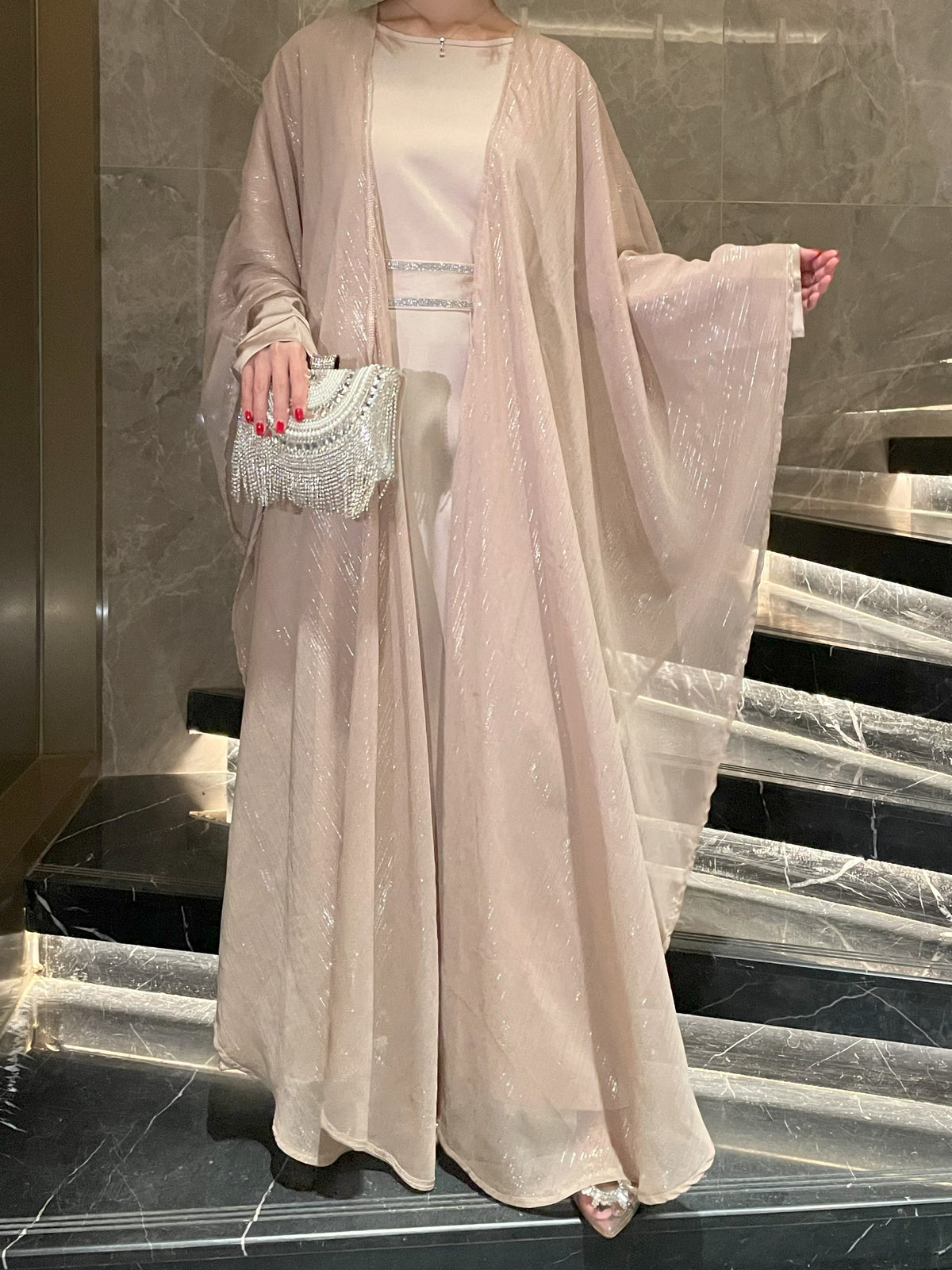 Eid Collection | Elegant Shimmery Abaya 3 pcs Set in Golden Beige