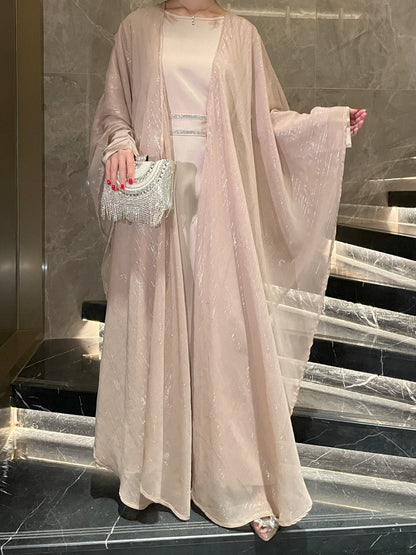 Eid Collection | Elegant Shimmery Abaya 3 pcs Set in Golden Beige
