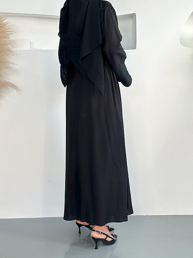 Embroidered Linen Abaya 3 Piece Set - Black