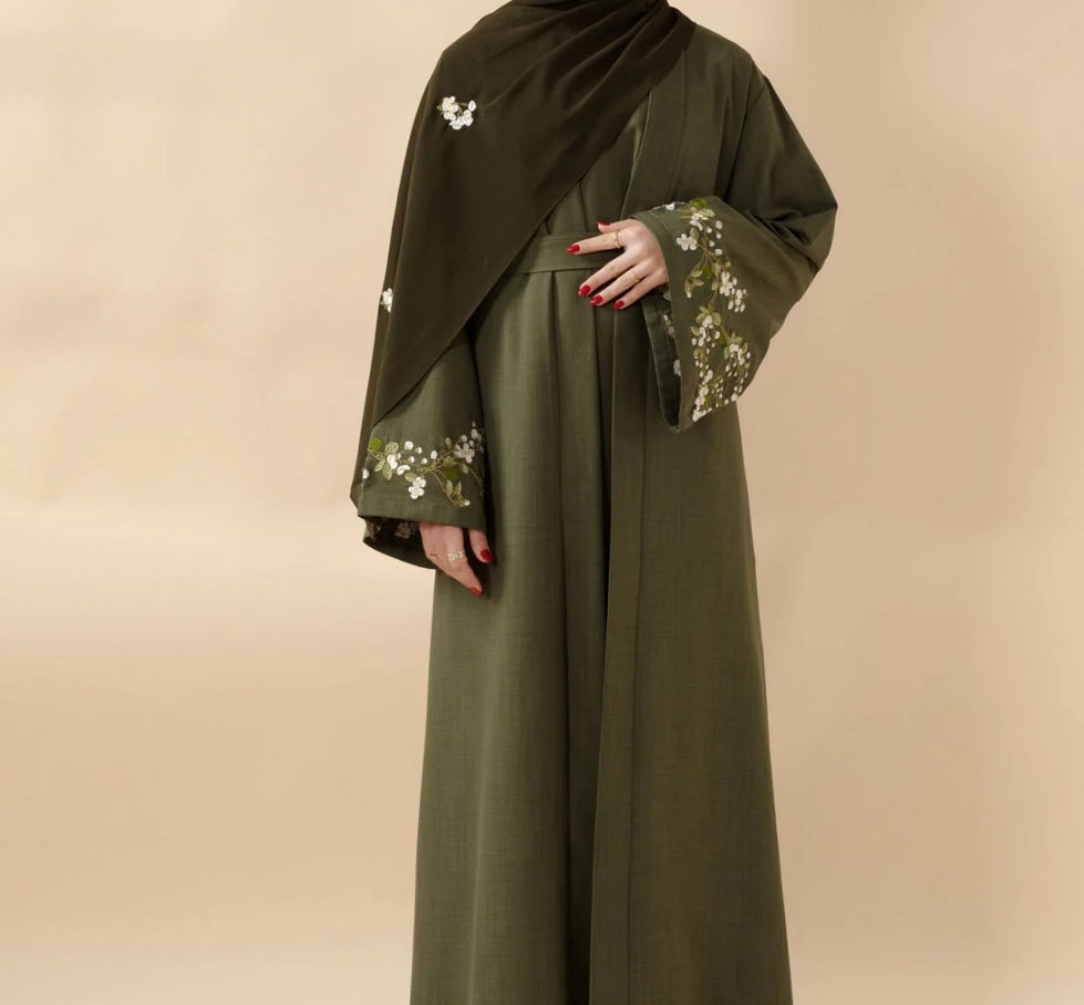 Floral Embroidered Abaya 3 Piece Set - Olive Green