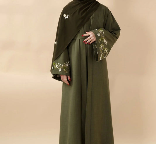 Floral Embroidered Abaya 3 Piece Set - Olive Green