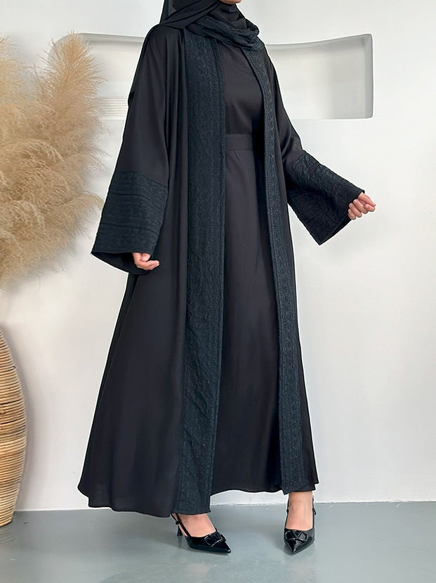 Embroidered Linen Abaya 3 Piece Set - Black