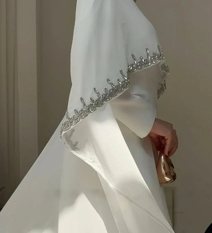 The Ethereal Cape-Overlay Abaya Set | Rhistones Heavy Decoration Abaya Set - White
