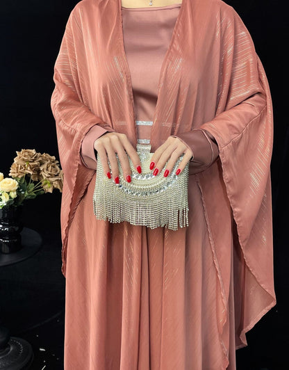 Eid Collection | Elegant Shimmery Abaya 3 pcs Set in Blush Pink