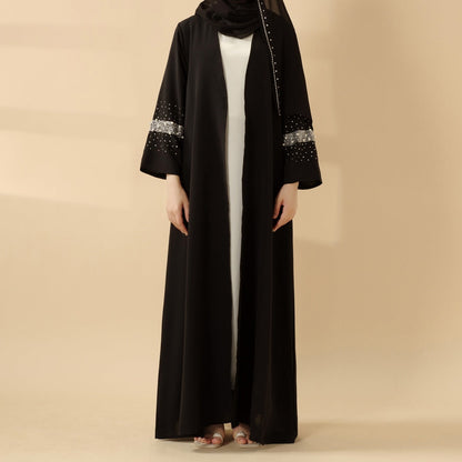 Decorative Open Abaya With Matching Hijab - Black