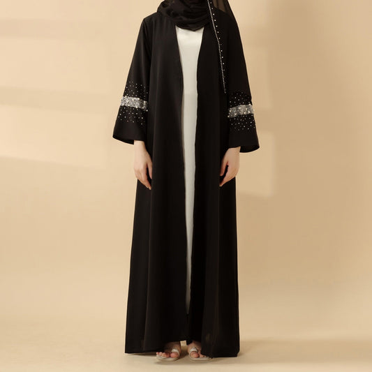 Decorative Open Abaya With Matching Hijab - Black