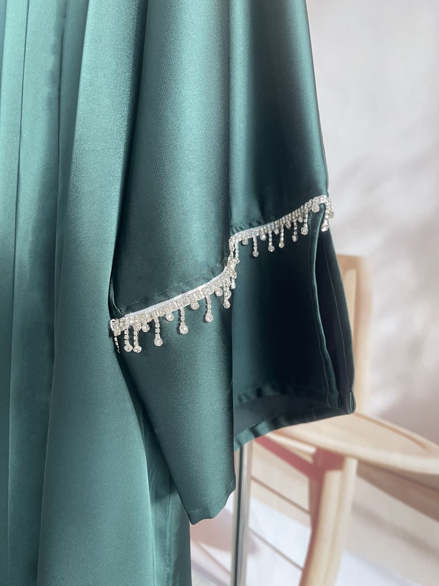 Rhinestones Satin Abaya 6 pcs Set - Emerald Green