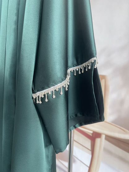 Rhinestones Satin Abaya 6 pcs Set - Emerald Green