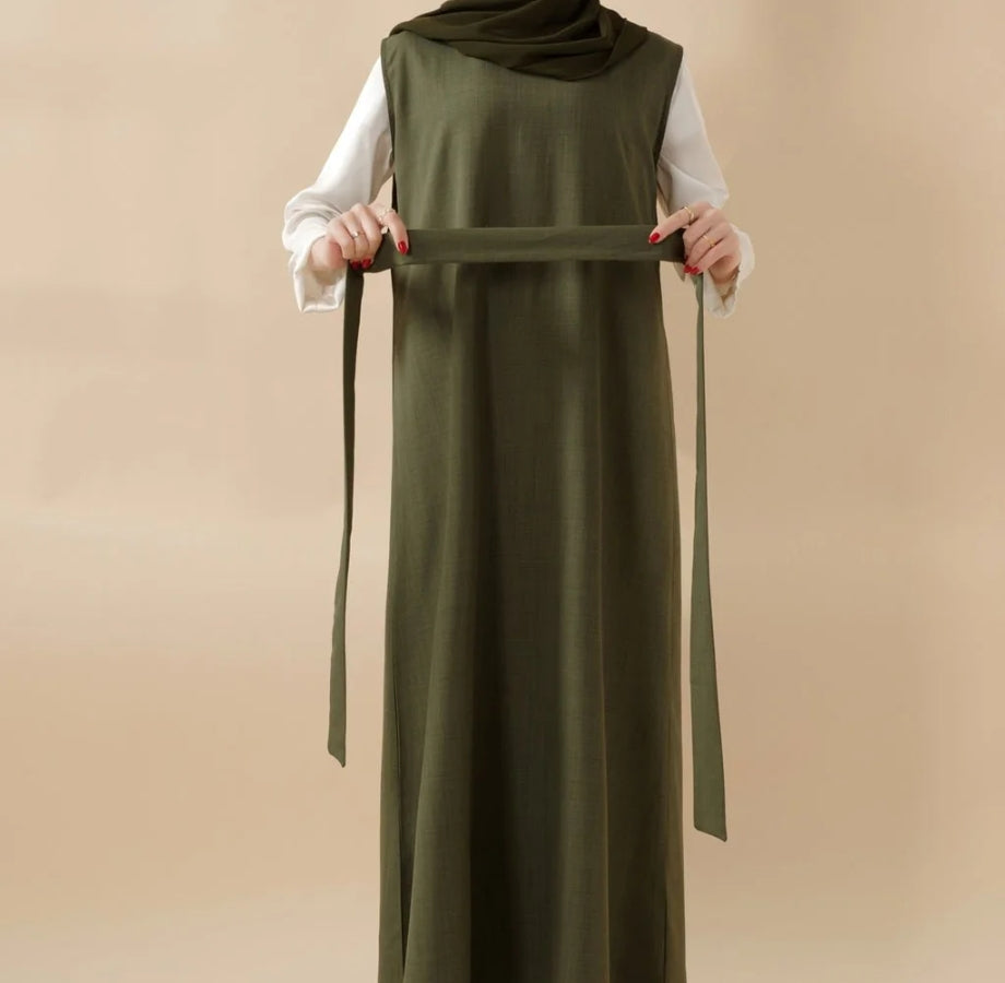 Floral Embroidered Abaya 3 Piece Set - Olive Green