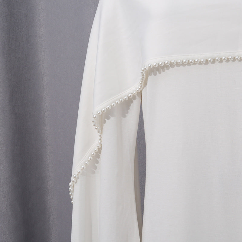 White Jersey Abaya with Matching Decorative Pearl Strip