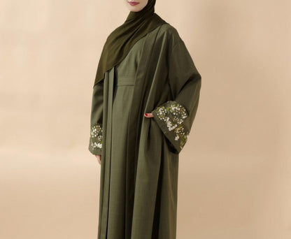 Floral Embroidered Abaya 3 Piece Set - Olive Green