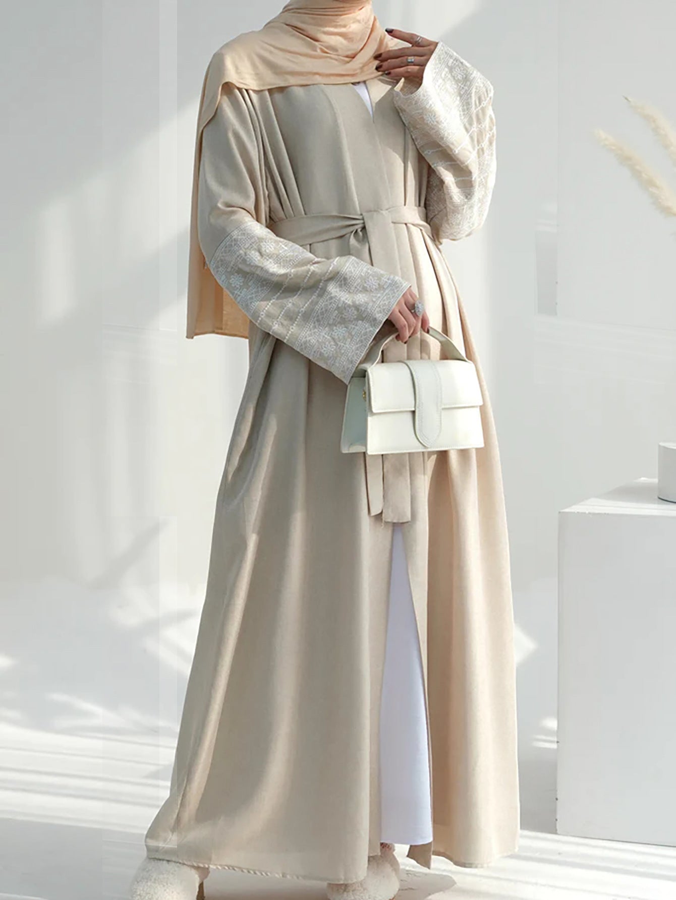 Open Abaya With Embroidered Sleeves - Beige (clearance item online only)