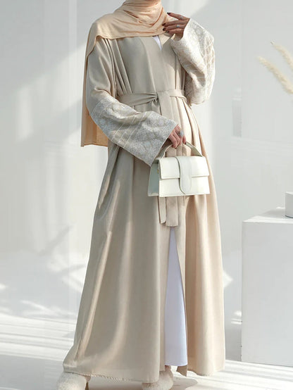 Open Abaya With Embroidered Sleeves - Beige (clearance item online only)
