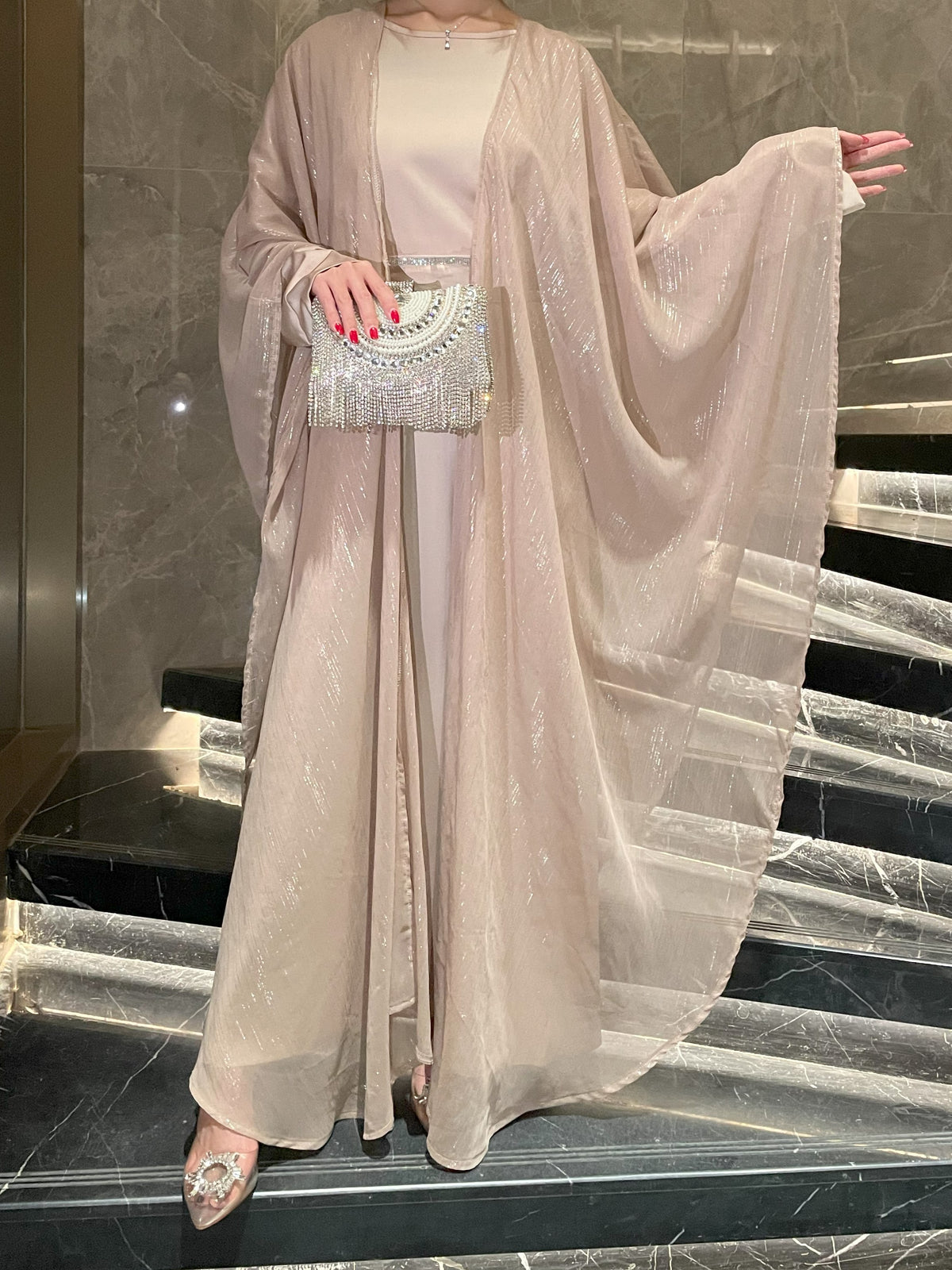 Eid Collection | Elegant Shimmery Abaya 3 pcs Set in Golden Beige