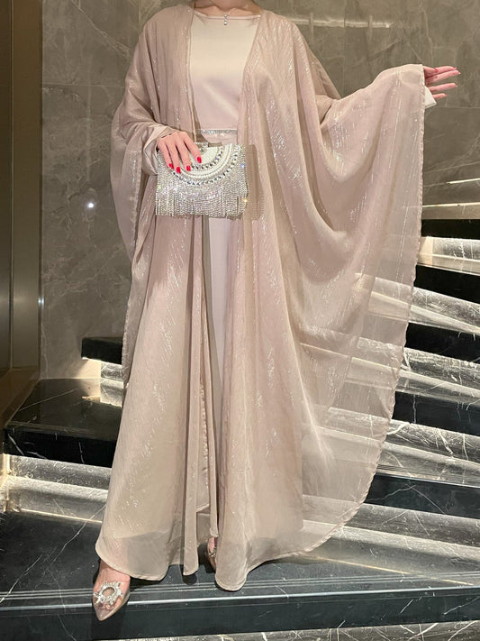 Eid Collection | Elegant Shimmery Abaya 3 pcs Set in Golden Beige