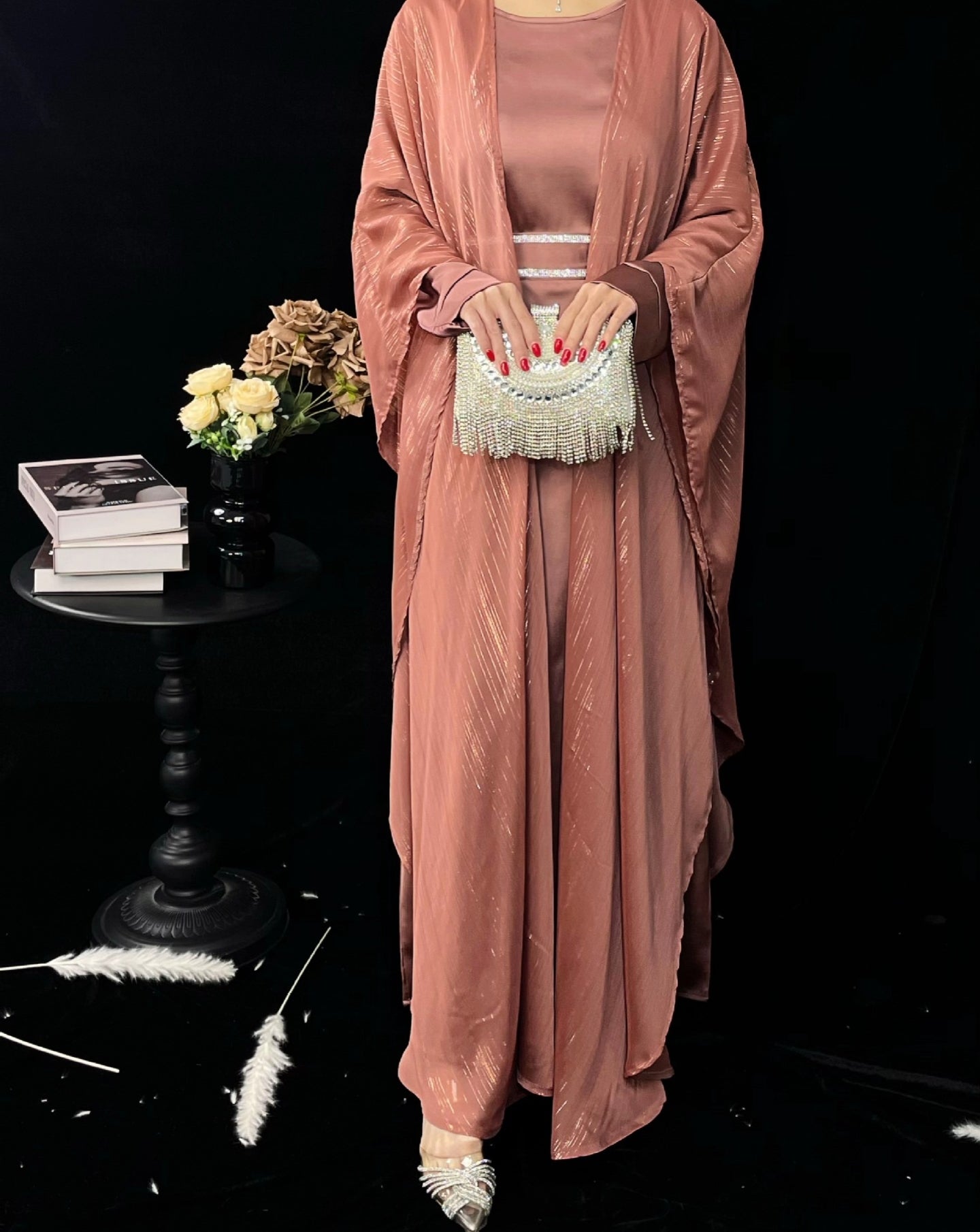 Eid Collection | Elegant Shimmery Abaya 3 pcs Set in Blush Pink