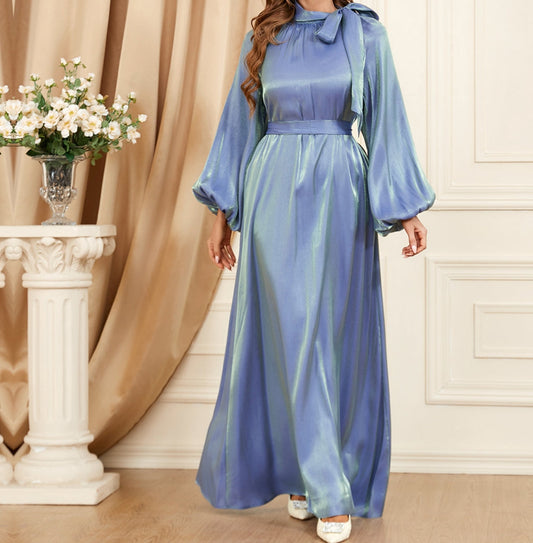 Shimmering Blue Tie-Neck Maxi Dress