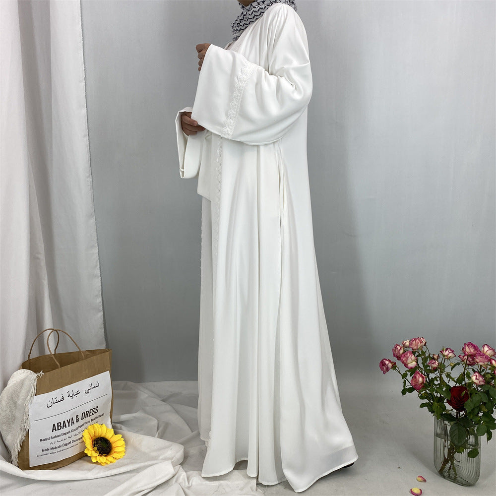 Plain Open Abaya with Decoration - White