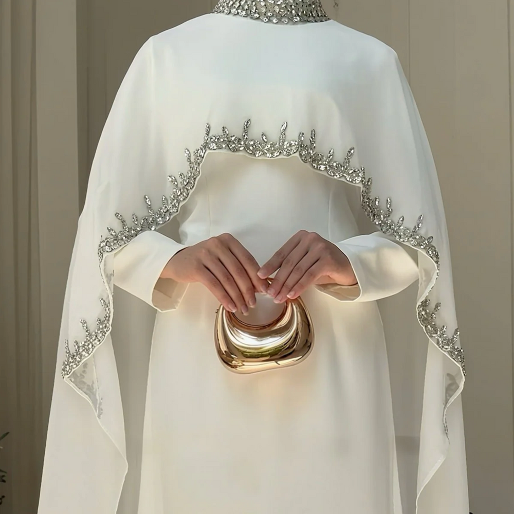 The Ethereal Cape-Overlay Abaya Set | Rhistones Heavy Decoration Abaya Set - White